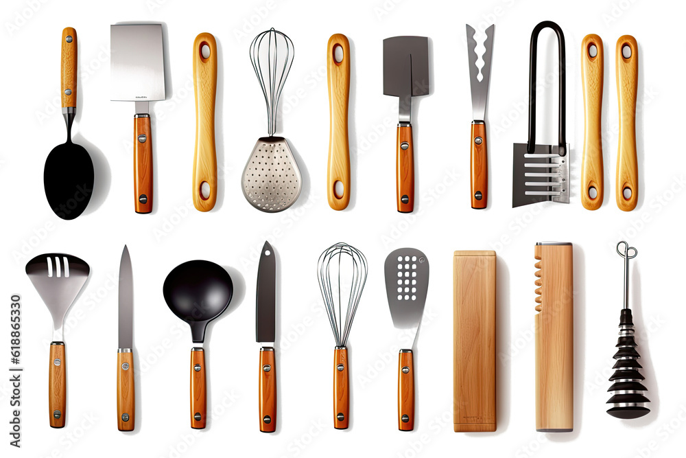 Different types of kitchen utensils cutlery, pickers wooden spoons