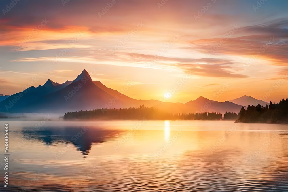 An image of a vibrant sunset over a serene lake, with colorful reflections shimmering on the water - obrazy, fototapety, plakaty 