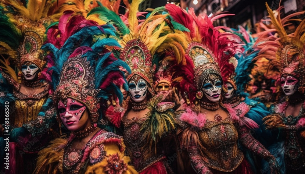 Naklejka premium Vibrant colors, traditional clothing, samba dancing joy generated by AI