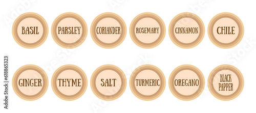 sticker for spice. inscriptions basil, pepper, coriander, chili, salt and others. vector illustration. on a white background. spices in the kitchen. spices for cooking. cook. food.