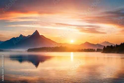 Leinwand Poster An image of a vibrant sunset over a serene lake, with colorful reflections shimm