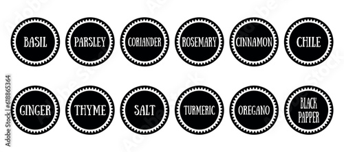 sticker for spice. inscriptions basil, pepper, coriander, chili, salt and others. vector illustration. on a white background. spices in the kitchen. spices for cooking. cook. food.