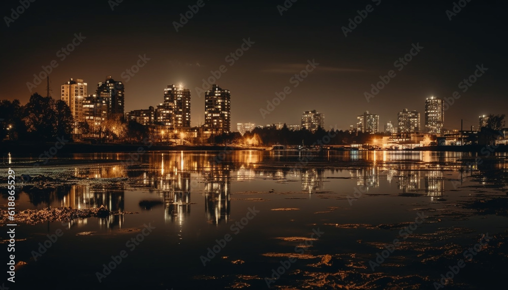 Bright city skyline reflects on tranquil water generated by AI