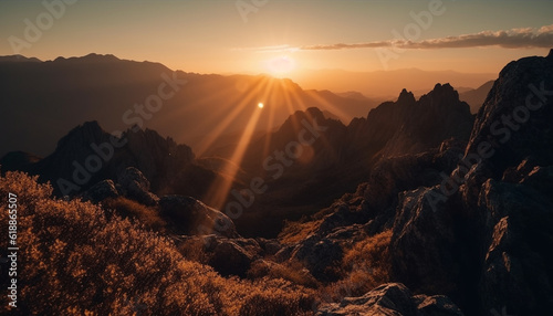 Majestic mountain peak back lit by sunrise generated by AI