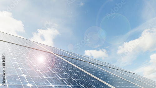 3d rendering solar panels on the sky background and lens flare