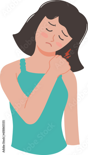 Woman holds her shoulder with one hand because it's sore illustration