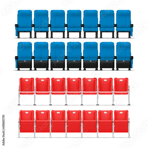 Stadium tribune with open and closed seats arena rows audience chair public competition set realistic vector illustration. Blue and red fan spectator section for seating looking stage game tournament