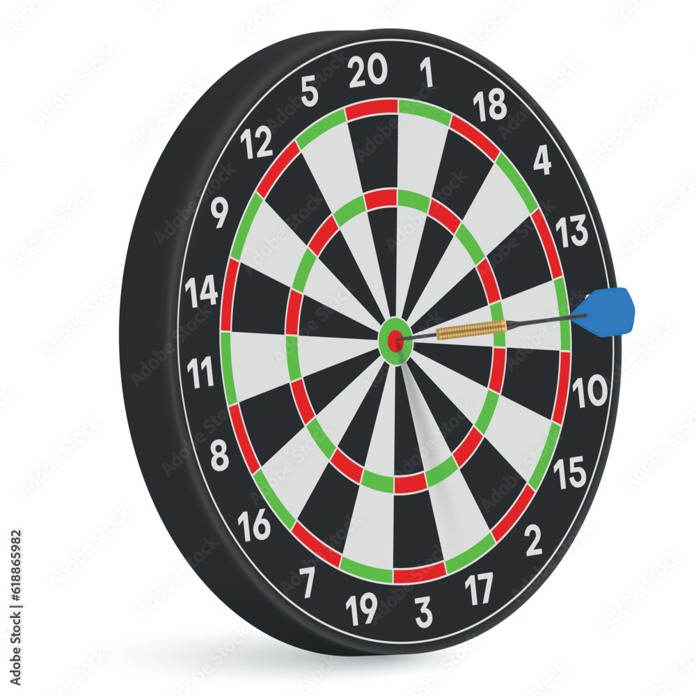 Dartboard with dart in bullseye accuracy aim success game shooting target isometric realistic vector Dartboard with dart in bullseye accuracy aim success game shooting target isometric realistic vector
