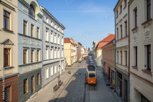 A drone view of Długa Street in the old town of Bydgoszcz