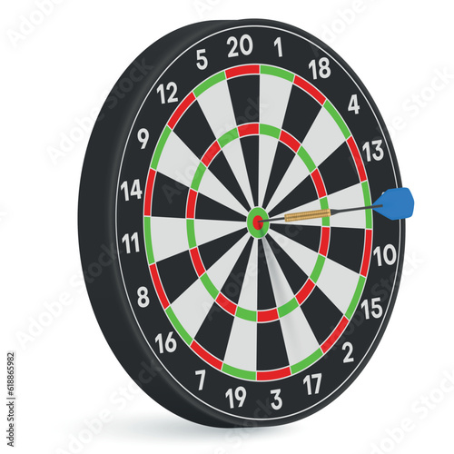 Dartboard with dart in bullseye accuracy aim success game shooting target isometric realistic vector