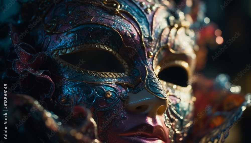 Ornate mask adorns young woman glamorous costume generated by AI