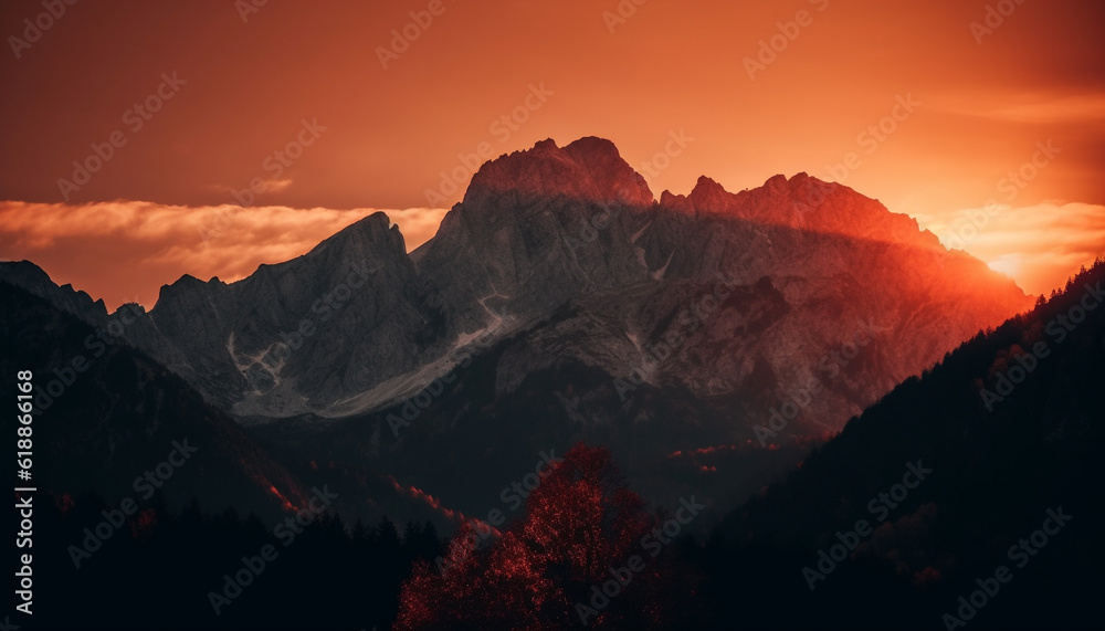 Majestic mountain peak back lit by sunset generated by AI