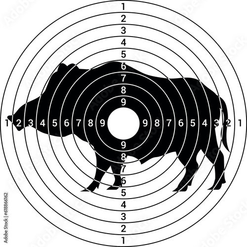 Target shooting gallery with boar black silhouette at center vector flat illustration