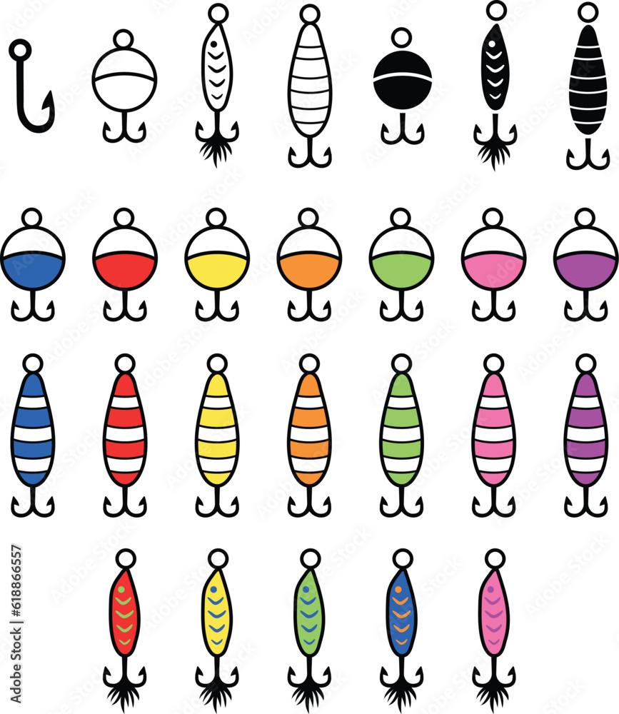 Fishing Hook and Lures Clipart Set Outline, Silhouette & Color Stock