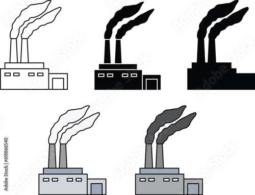 Factory Manufacturing Building Clipart Set - Outline. Silhouette & Color