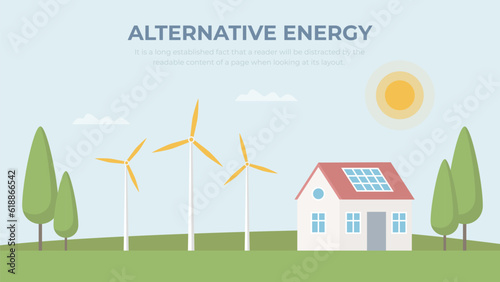 Alternative electricity energy resources. Solar panels, windmill power. Eco friendly, smart renewable system. Ecological house vector illustration.
