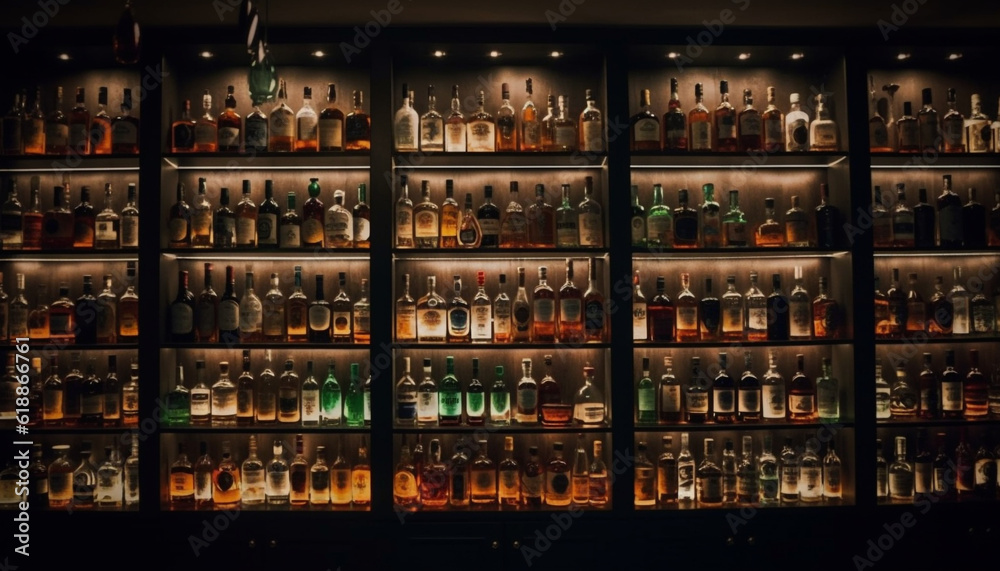 Dark cellar collection: whiskey, wine, beer bottles generated by AI