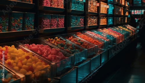 Abundance of colorful sweets in modern store generated by AI
