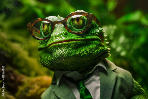 close-up reptile iguana animal portrait scale lizard wildlife green glasses. Generative AI.