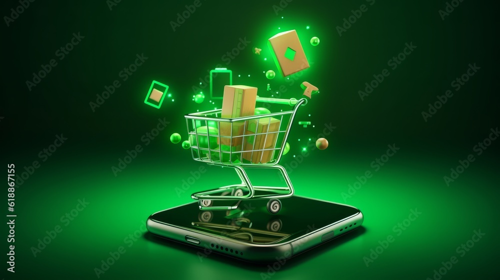 Eco-Friendly Ecommerce, 3D Rendered Concept of Online Shopping on a Smartphone, Emphasized by a Refreshing Green Background, generative ai.