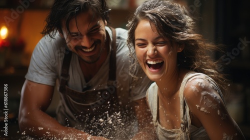 Young Married Couples Engaging in Fun-Filled Baking Session. Generative AI