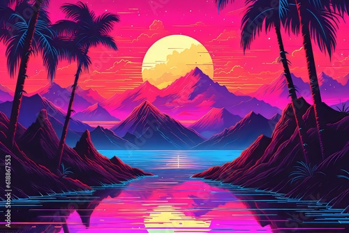 80s style illustration with palms and sunset. Generative AI.