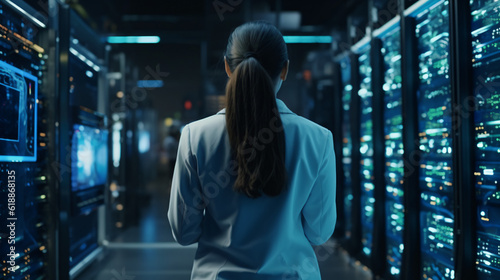 3D Render: Successful Female IT Specialist Harnessing Augmented VFX in Data Center: Empowering Cyber Data Security and Cloud Computing. 
