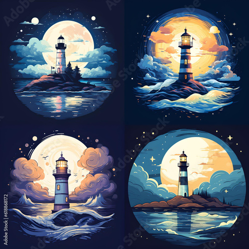 Set of 4 pictures: a light house with a ligntning background back view moons. Generative AI photo