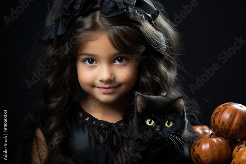 Smiling Girl in Costume with her Cat for Halloween. Generative AI