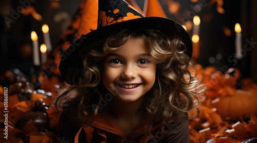 Pumpkin Princess - Delighted Girl In Festive Attire With Paper Bat. Generative AI
