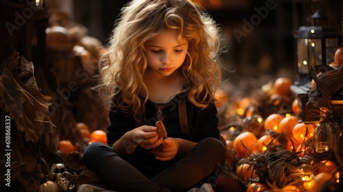 Fairy Amidst Pumpkins - Girl In Fairy Costume Inspecting Jack-O-Lantern. Generative AI