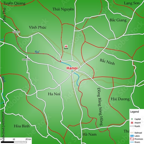 Bilde på lerret Map of the capital city Hanoi with main streets, rivers, lakes, urban areas and