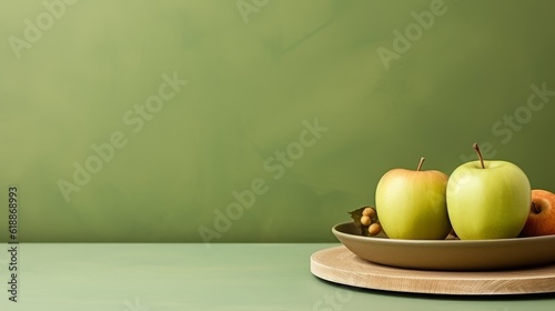 Fresh green apples on a plate. Fruit still life photography. For banner,poster, site, web. Photo Ai generated.