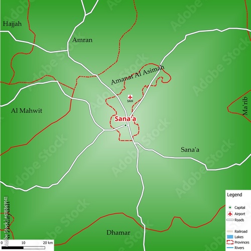 Map of the capital city Sanaa with main streets, rivers, lakes, urban areas and names of counties near photo