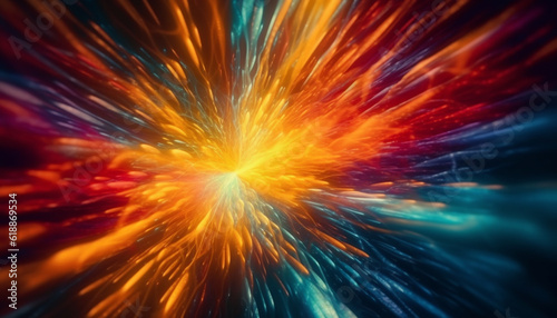 Glowing multi colored galaxy explodes in abstract space generated by AI