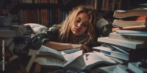Generative AI. Student sitting in the library in front of the pile of books. Tired students at exams. Back to school concept. 