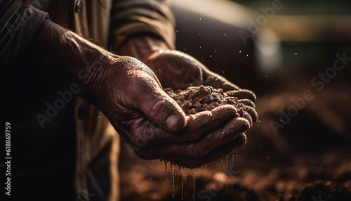 Dirty hand holding wet plant, farmer working outdoors generated by AI
