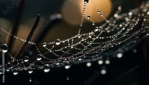 Spider spins web  dew drops glisten in nature generated by AI