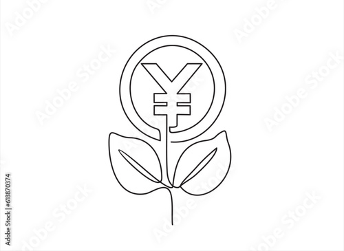 One Continuous line drawing of money tree plant with coin Chinese yuan. Growing coin tree symbol and finance investment increase concept in simple linear style. 