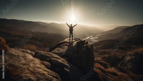 Standing on mountain peak, arms raised in achievement generated by AI