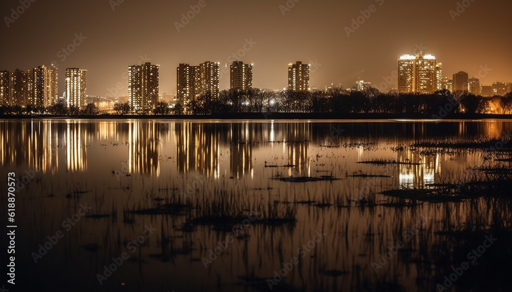 City skyline reflects in tranquil waterfront pond generated by AI