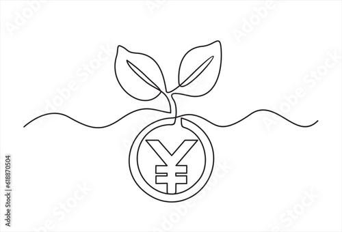 One Continuous line drawing of money tree plant with coin Chinese yuan. Growing coin tree symbol and finance investment increase concept in simple linear style. 