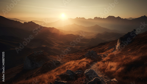 Majestic mountain range  back lit by sunset generated by AI