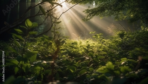 Mysterious forest  tranquil beauty in nature mystery generated by AI