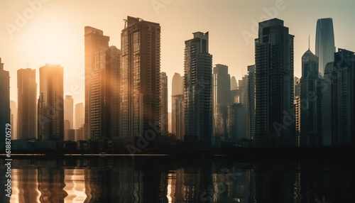 Silhouette skyline reflects tranquil sunset on waterfront generated by AI © Jeronimo Ramos