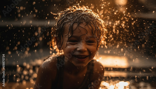 Cute child splashing in wet summer fun generated by AI