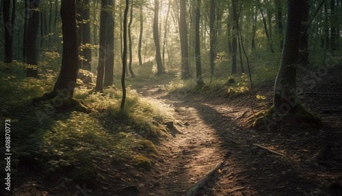 Mysterious forest path leads to enchanted sunset generated by AI © Jeronimo Ramos
