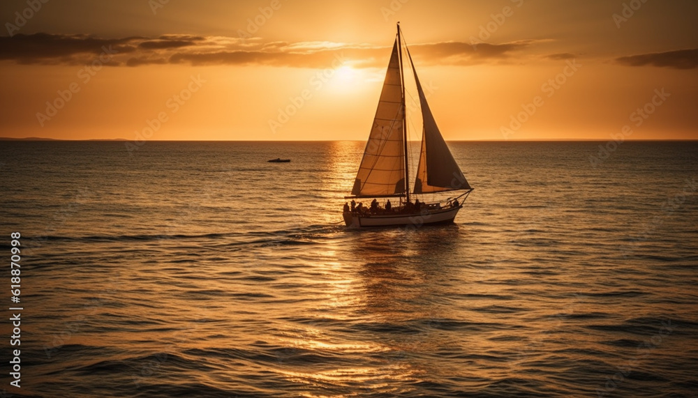 Sailing yacht glides on tranquil sunset waves generated by AI