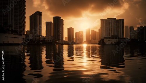 Sunset reflection on skyscraper, cityscape, and water generated by AI