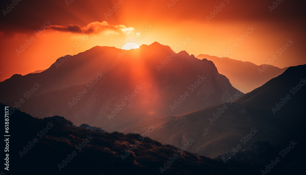 Majestic mountain range back lit by sunrise generated by AI